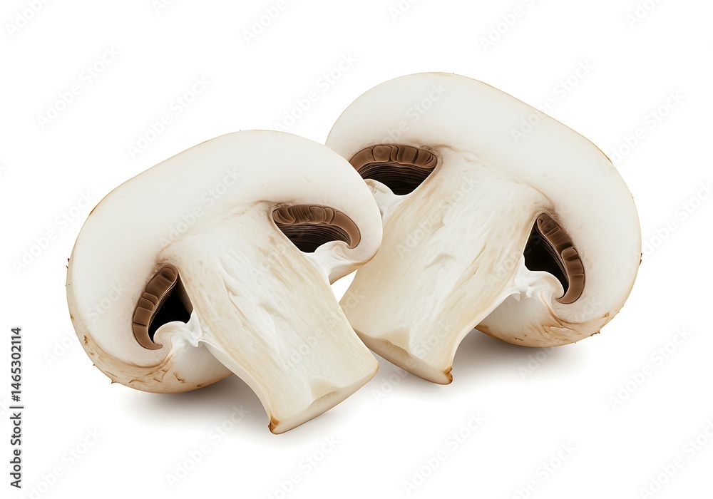 Fototapeta premium Close up of two halved white button mushrooms showing gills on a plain white background studio shot