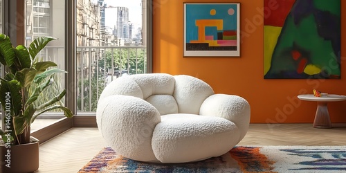 Round White Boucle Armchair with City View, Infused with 60s Vibe and Orange Accents, Perfect for Urban Living Spaces