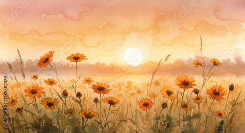 Orange And Yellow Wildflowers Field At Sunset Watercolor Painting