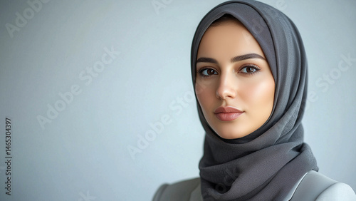 Arab businesswoman in hijab and business attire stands against pale gray background, Middle Eastern businesswoman, Muslim professional, confident expression, professional woman