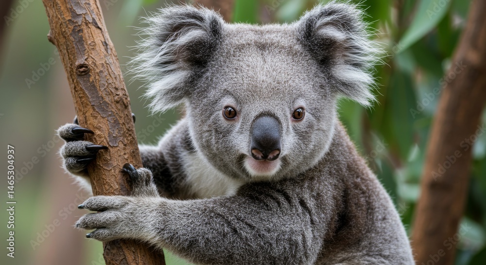 Fototapeta premium Adorable Koala on a Branch - Close-up of a cute koala clinging to a tree branch, showcasing its fluffy fur and endearing expression