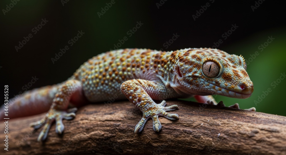 Fototapeta premium Exotic tokay gecko portrait, showcasing skin texture and captivating eyes on tree
