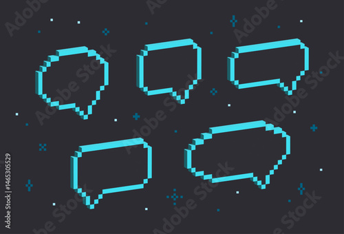 Set of 3d pixel speech bubbles. Isometric 8 bit chat messages. Volumetric mosaic message boxes. Bubble talk signs