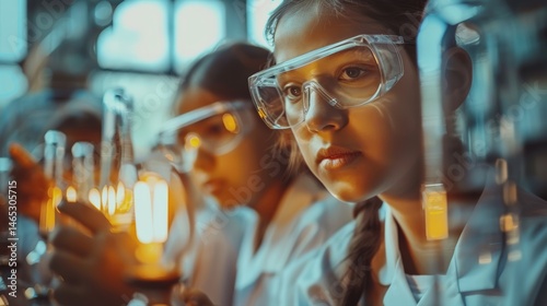 Teenage girl wearing lab coat, safety glasses closely observing beaker experiment in science laboratory classroom showing serious focus interest participation in hands-on STEM education environment.