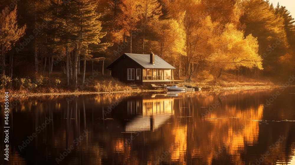 Fototapeta premium Autumn cabin by a lake (1)