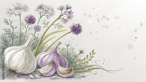 *Watercolor Garlic Bulb Background in Soft White & Purple – Artistic Fresh Harvest Theme with Copy Space*