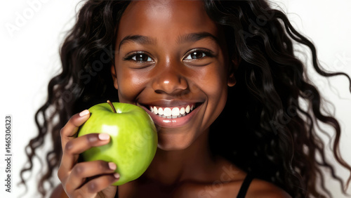 Portrait of of a dark-skinned girl holding a apple and smiling, white beautiful smile on white with space for text.. Dentistry, professional examination, beauty industry