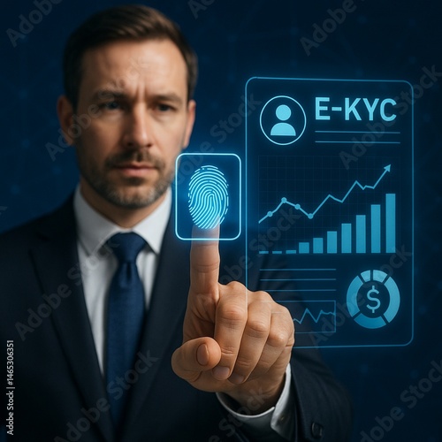 Businessman using fingerprint identification to access personal financial data. Idea