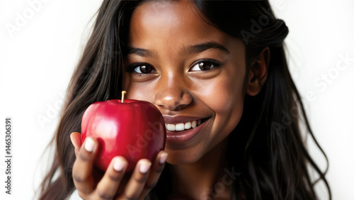 Portrait of of a dark-skinned girl holding a red apple and smiling, white beautiful smile on white with space for text.. Dentistry, professional examination, beauty industry