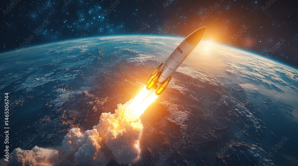 Obraz premium Rocket ascends above Earth breaking atmosphere