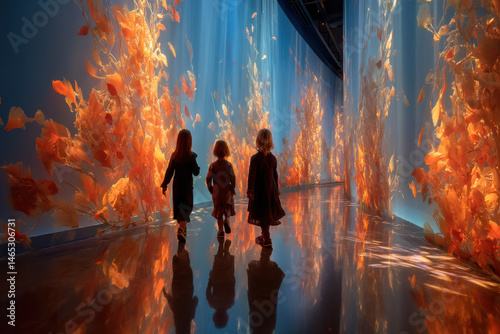 Three children walk through immersive digital aquarium exhibit with glowing orange seaweed and reflective floor, creating magical and playful underwater experience