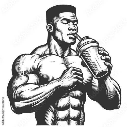 strong, muscular man drinking a protein shake, symbolizing fitness, nutrition, and bodybuilding dedication sketch engraving generative ai vector illustration. Scratch board. Black and white image.