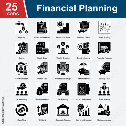 Financial Planning is a collection of icons covering essential aspects of personal and corporate finance, including budgeting, investment strategies, savings, risk management, and long-term wealth