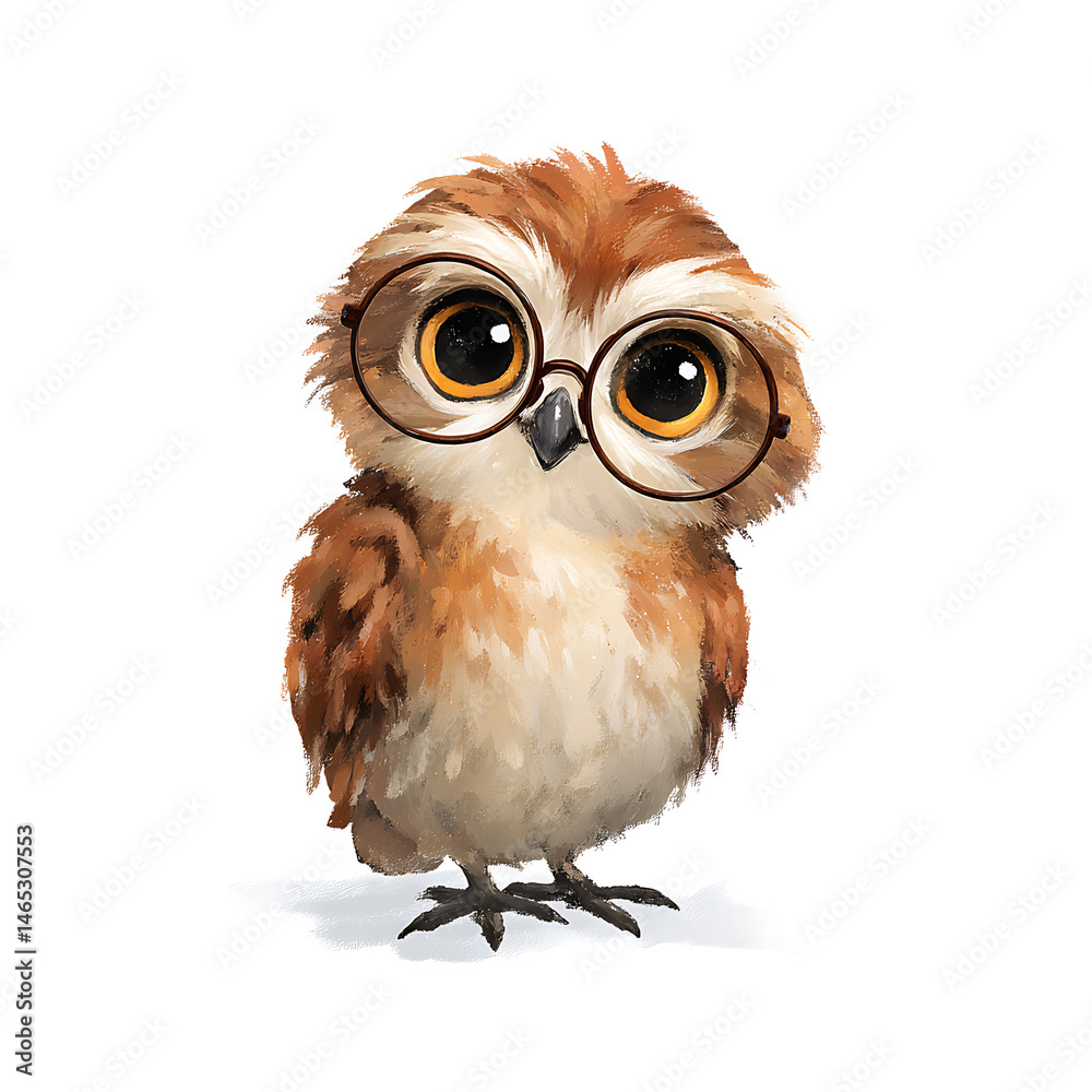Fototapeta premium Adorable cartoon owl with round glasses, featuring bright eyes and fluffy feathers on a white backdrop.