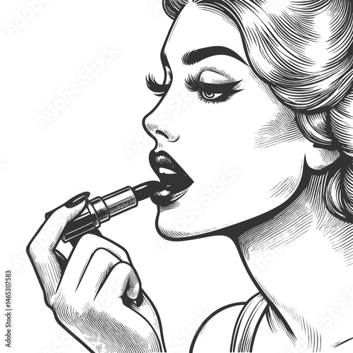 glamorous woman with classic beauty, applying lipstick with a poised expression and detailed styling sketch engraving generative ai vector illustration. Scratch board imitation. Black and white image.