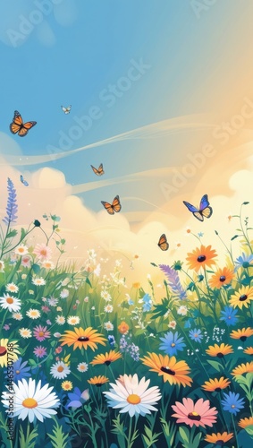 Butterfly meadow flowers spring nature landscape art