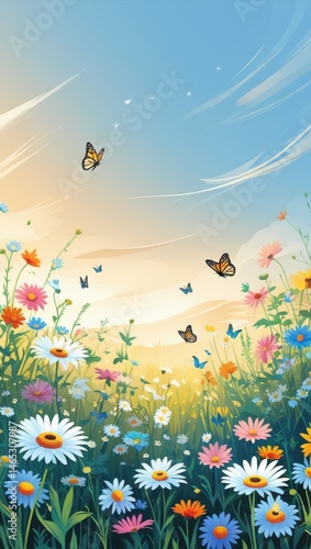 Beautiful spring meadow with butterflies painting