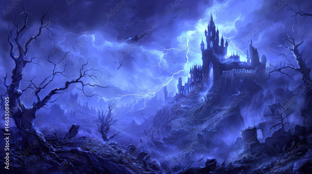 Obraz premium Old spooky mansion illuminated by lightning in night sky with dark clouds and barren trees creating mysterious and eerie scene full of fantasy and suspense