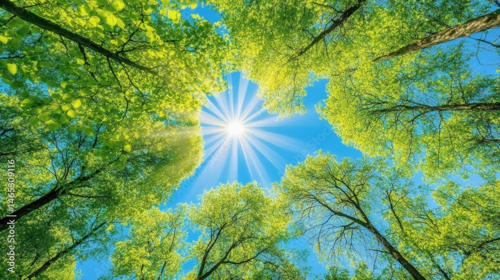 Obraz premium Sunlight streaming through the forest canopy.