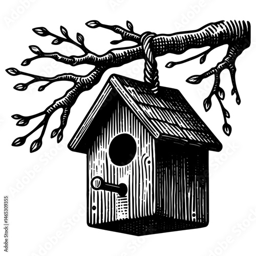Vintage Hand-Drawn Birdhouse Hanging on Tree Illustration – Woodland Retreat Engraved Style Vector for T-Shirts, Posters, Stickers, and Nature Apparel