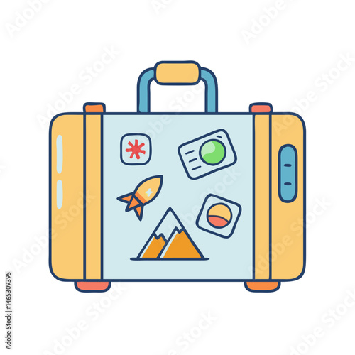 Travel suitcase with stickers vector illustration for vacation luggage and adventure trip design