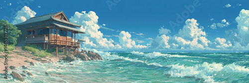 Wallpaper Mural Cozy Seaside Background: Anime Manga Ocean Illustration Torontodigital.ca
