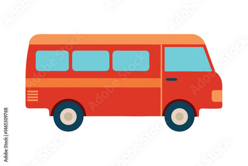 Stylized illustration of a colorful retro van with cartoonish design elements