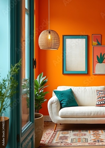 Sixties-Inspired Cosy Living Room Corner with Stylish Sofa and Vibrant Decor. Orange Ambience Featuring Mockup Frames on a Decorative Wall.