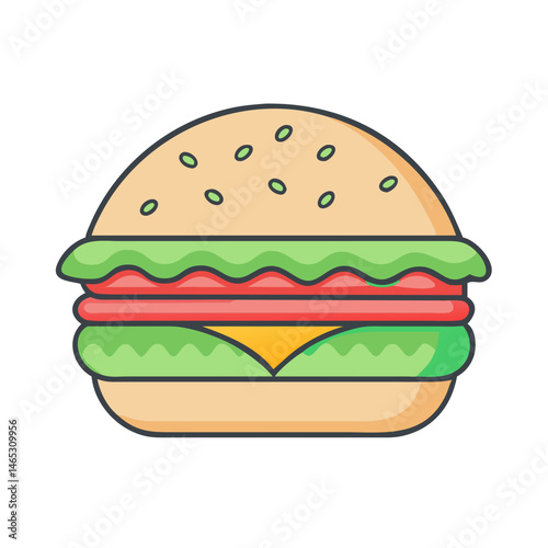 Delicious hamburger cheeseburger fast food burger with sesame seeds lettuce tomato and cheese vector