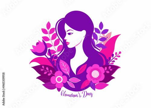 Elegant Womans Profile Surrounded by Vibrant Purple and Pink Flowers for Womens Day.