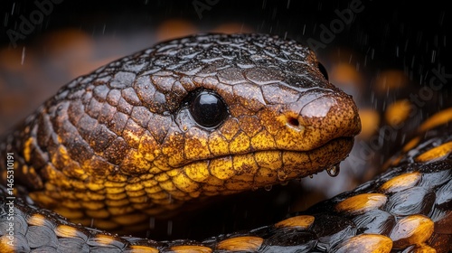 Close-up of a snake's head, wet and detailed