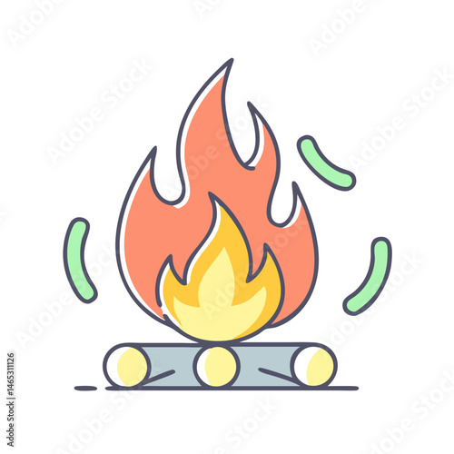 Illustration of campfire bonfire fire flame burning wood logs outdoor camp heat warm light blaze