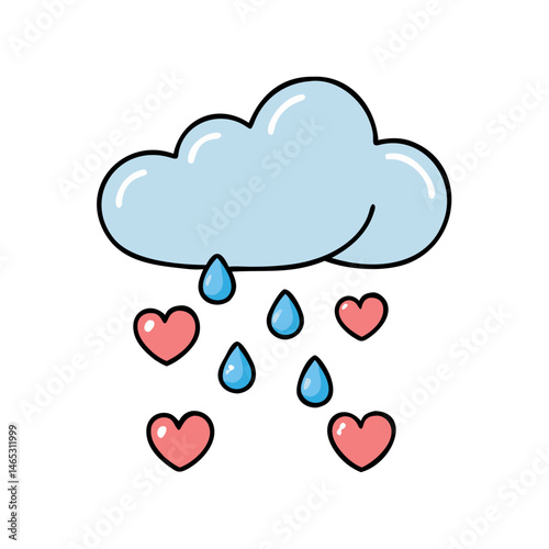 Illustration of cloud raining hearts and raindrops, love rain, heart rain, cloud art, love art