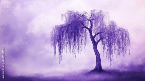 A solitary purple willow tree stands in a misty field