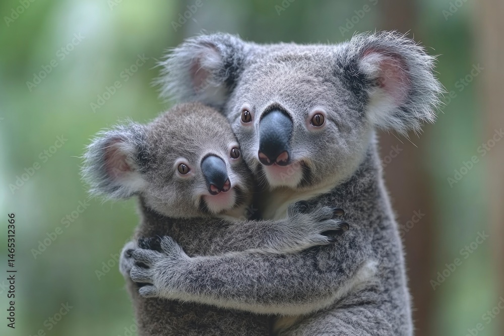 Fototapeta premium Koala mother hugging her baby in a lush forest