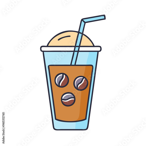 Iced coffee drink beverage caffeine refreshment cup straw beans illustration vector art design