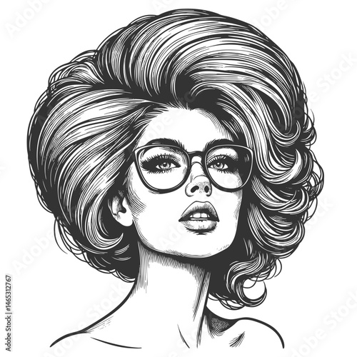 woman with large glasses and voluminous wavy hair, gazing thoughtfully sketch engraving generative ai fictional character vector illustration. Scratch board imitation. Black and white image.