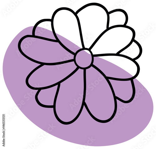 The sticker features a purple and white flower with thick black outlines and overlapping petals, giving it a playful and bold look.