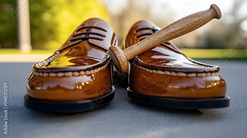 Pair of Polished Brown Leather Loafer Shoes with Wooden Shoe Horn