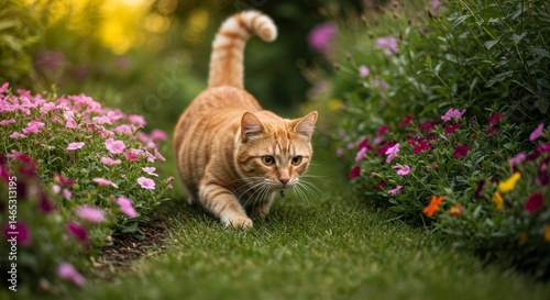 Ginger cat sneaking through the flower garden, a vibrant spring scene