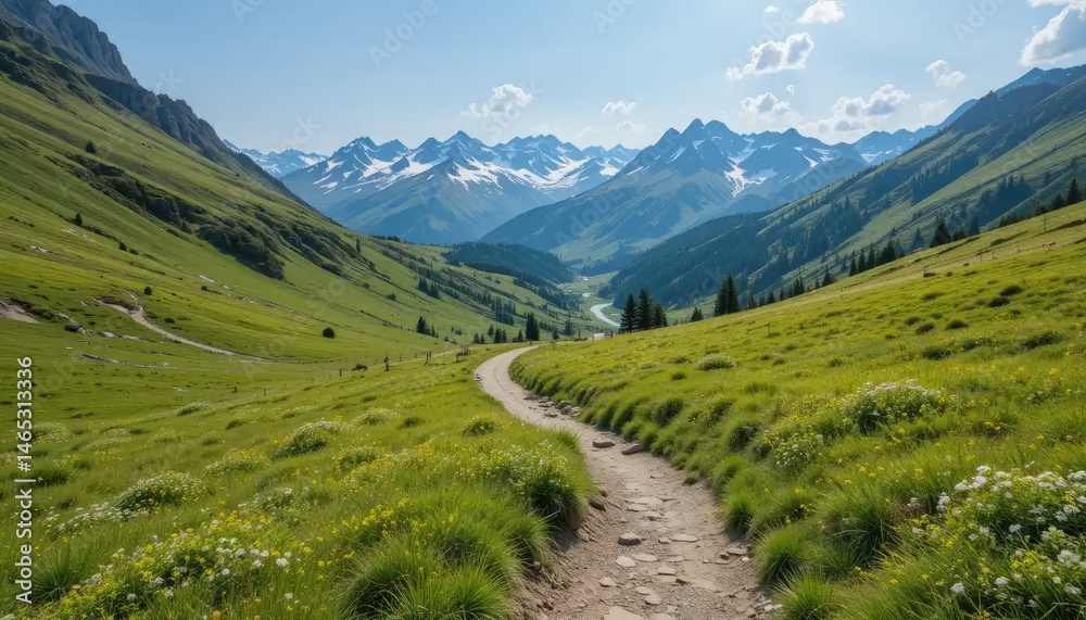 Naklejka premium Serene Alpine Trail: A Picturesque Hike Through Mountain Meadows