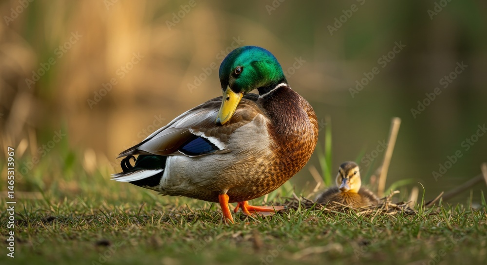Charming mallard duck with its iridescent green head and adorable duckling Charming mallard duck with its iridescent green head and adorable duckling