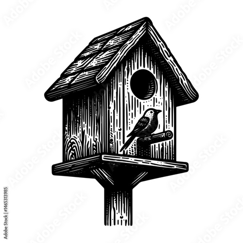 Vintage Hand-Drawn Birdhouse Illustration – Garden Wildlife Engraved Style Vector for T-Shirts, Posters, Stickers, and Nature Apparel