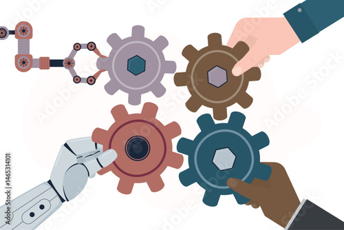 Teamwork. Support of AI. Human and robotic hands connecting gears. People and robots working together. Artificial intelligence, automation, workforce, technology concept.