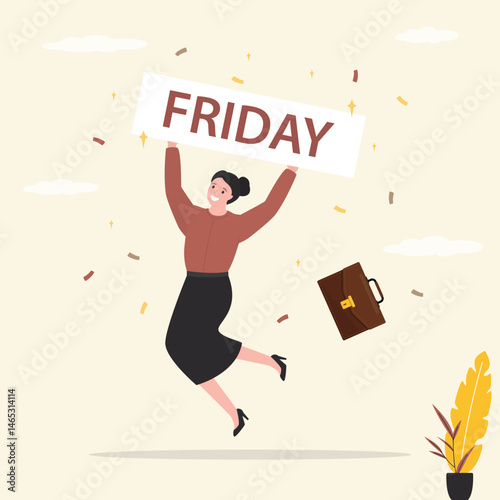 Happy businesswoman with Friday sign. Work week ending. Happy friday, relax or enjoy last working day. Joyful lifestyle after stressful week long. Weekend starting.