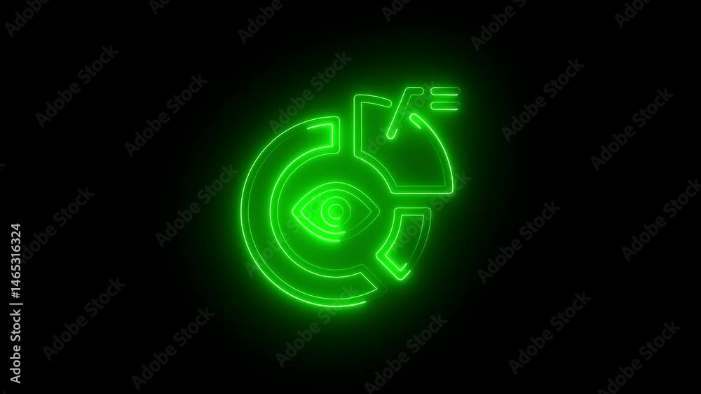 glowing neon speedometer icon isolated, black background, HD motion graphic animation