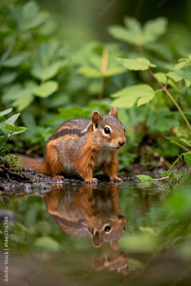 there is a small chipmunt standing in the water near the plants