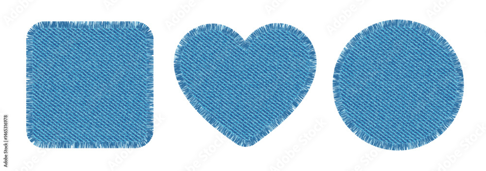 Denim fabric patches in shape of heart, square and circle. Cloth labels with jeans texture and torn edges. Patchwork elements from blue denim textile, vector illustration