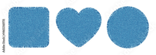 Denim fabric patches in shape of heart, square and circle. Cloth labels with jeans texture and torn edges. Patchwork elements from blue denim textile, vector illustration
