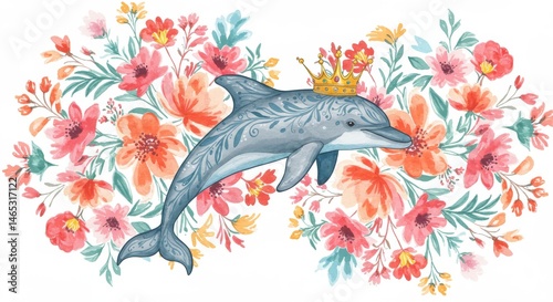 Fototapeta Naklejka Na Ścianę i Meble -  Dolphin Crowned in Flowers - A whimsical illustration of a dolphin wearing a golden crown, surrounded by vibrant watercolor flowers